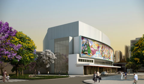 Projeção da nova fachada do Teatro Cultura Artística, com a lateral envidraçada voltada para a Praça Roosevelt. Imagem: Bruno Lucchese
