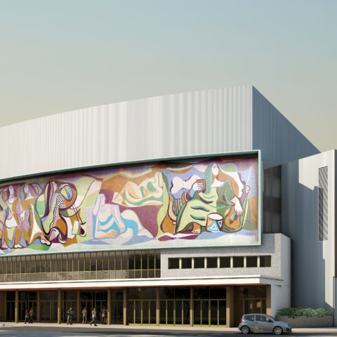 Fachada frontal do novo Teatro Cultura Artística, com o painel de Di Cavalcanti restaurado. Imagem: Bruno Lucchese